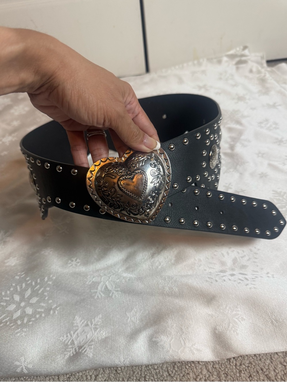 Western Heart Concho Belt M/L Black Silver Studded Scalloped Y2K Cowgirl Boho